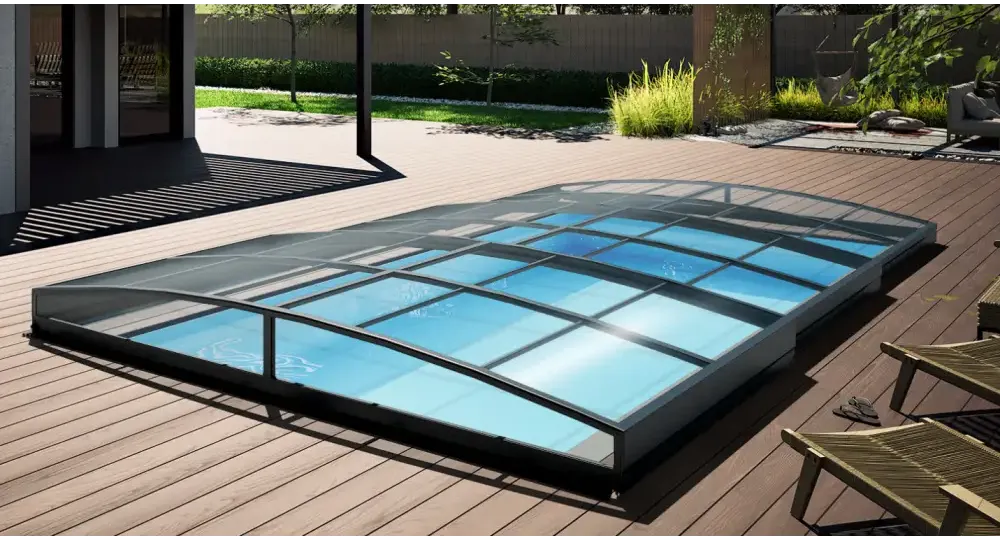 Pooltak Sydney 3×6 med modern böjd glas och antracit enkelskena Pooltak Sydney 3×6 med modern böjd glas och antracit enkelskena